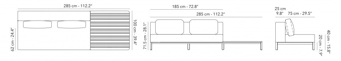 Afmeting Mauroo sofa + tafel zonder arm